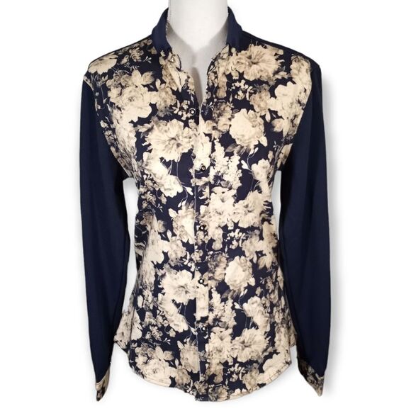 Z.J.L. NAVY & CREAM FLORAL BUTTON DOWN TOP SZ.XXL EUC - Picture 1 of 6